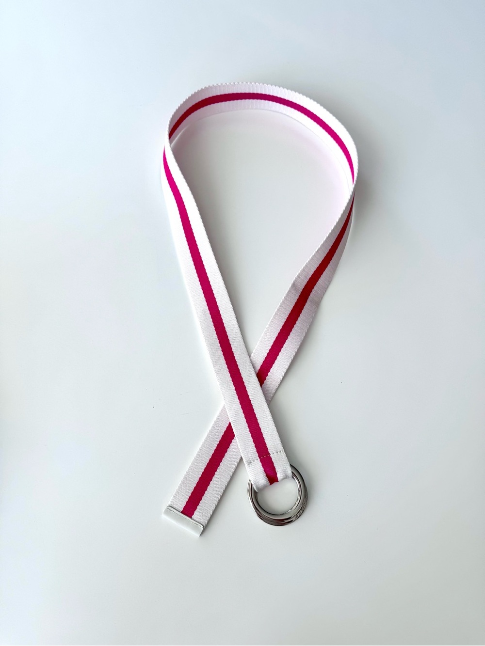 Armani Exchange White and Pink Striped Double-Ring Webbing Belt Y2K